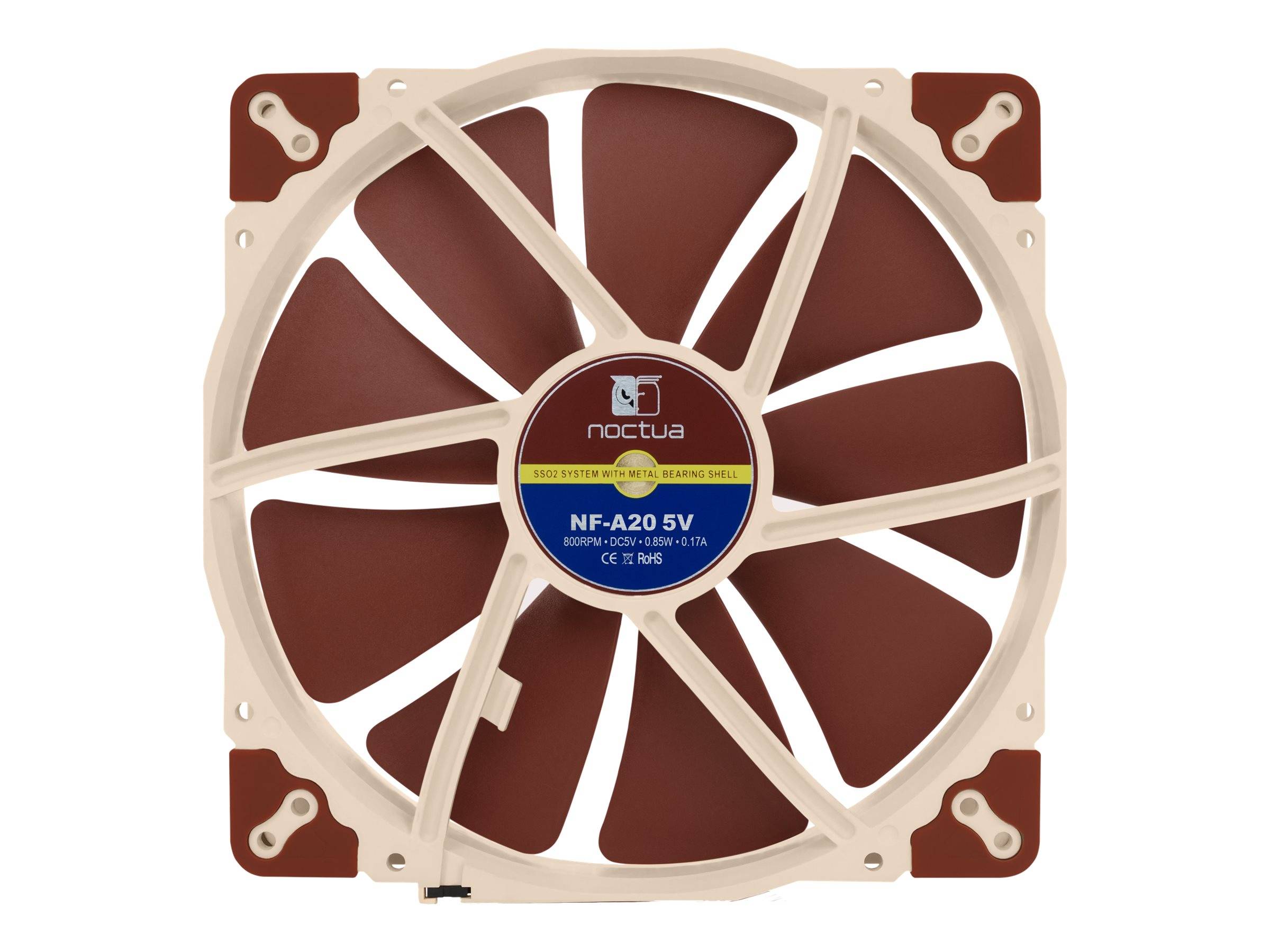 Beige Noctua NF-A20 5V Computerlüfter mit braunen Blättern, frontal auf weißem Hintergrund dargestellt.