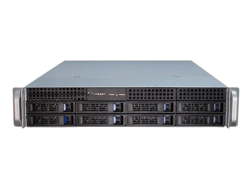 Vorderansicht eines Rack-montierten Servers mit mehreren Hot-Swap-Laufwerkschächten und einem grauen Metallgehäuse auf weißem Hintergrund.