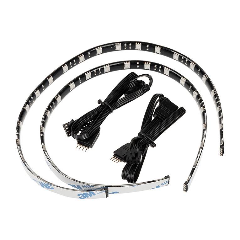 Zwei flexible LED-Lichtstreifen mit Klebstoffrücken und zwei Verbindungskabel auf weißem Hintergrund.