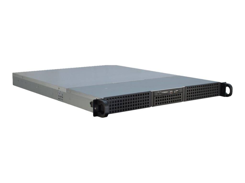 Vorderansicht eines grauen Rack-Mount-Servers oder einer Speicheranlage mit gelüfteter Frontplatte und Griffleisten auf weißem Hintergrund