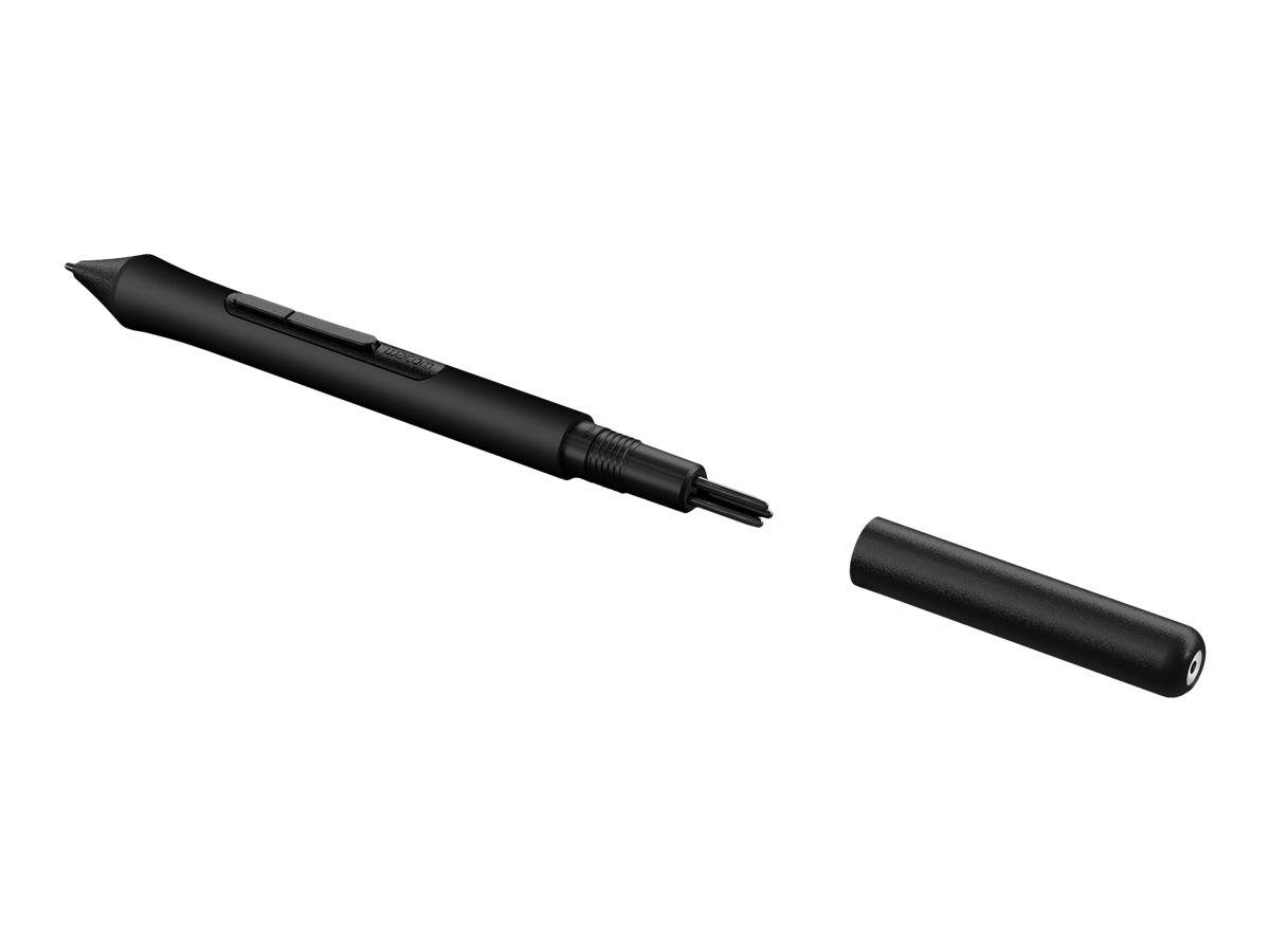 Ein schwarzer Stylus-Stift mit abnehmbarer Kappe, getrennt vor weißem Hintergrund dargestellt.