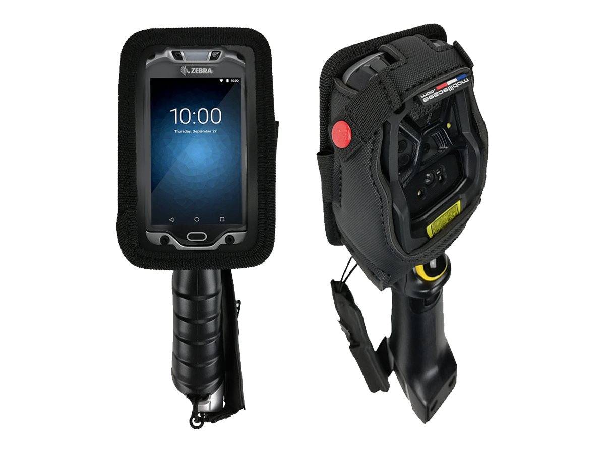 Robustes tragbares Handgerät oder mobiles Gerät in einer schwarzen Schutzhülle, dargestellt in Front- und Seitenansicht mit Griffgriff und Handgelenkschlaufe.