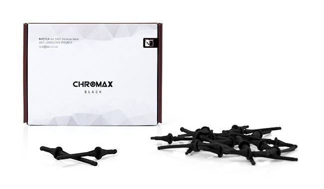 Schwarze Antivibrationslager in einer Schachtel mit mehreren daneben angeordneten Gummilagerteilen auf weißem Hintergrund, beschriftet mit "CHROMAX BLACK"".