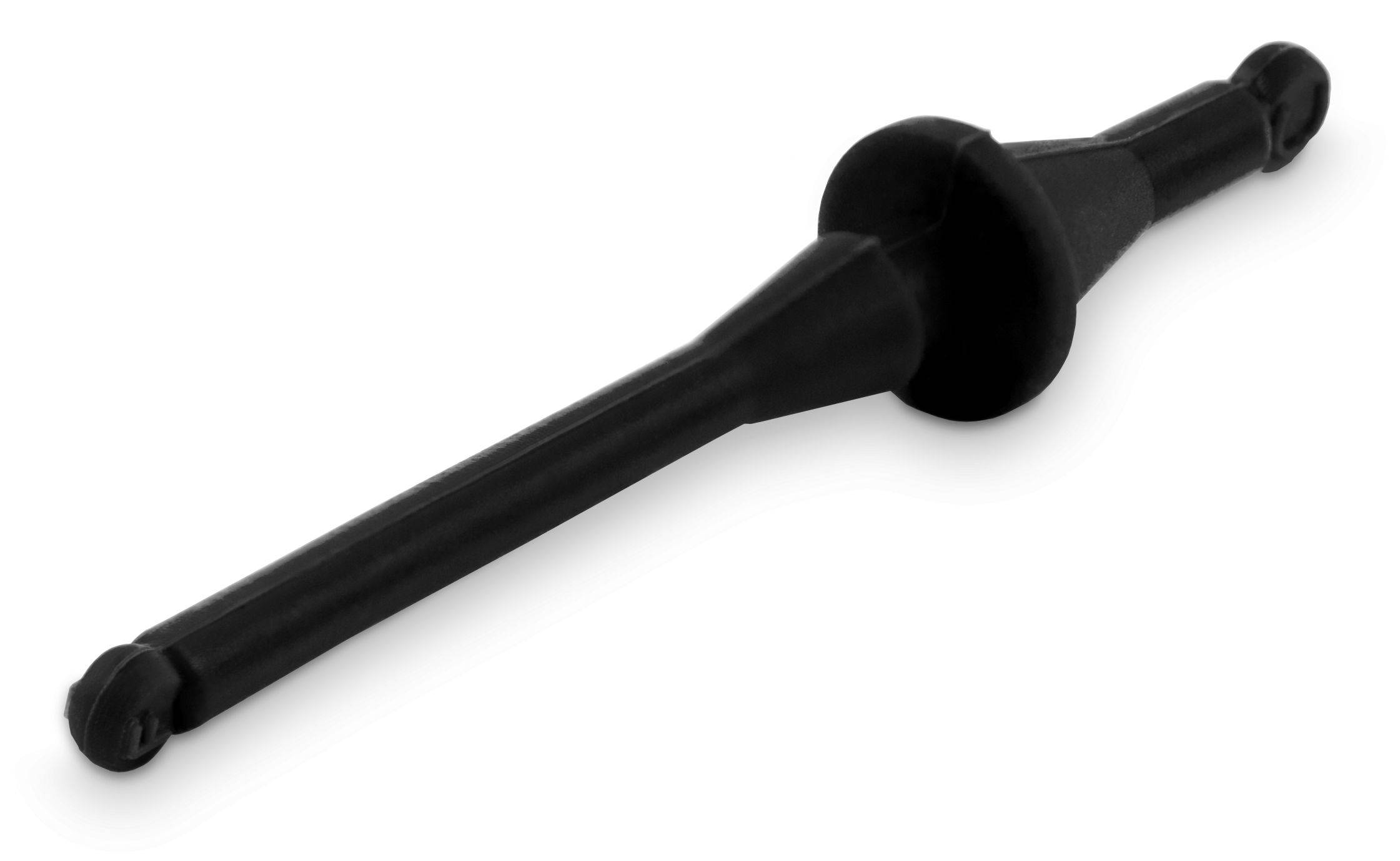Schwarze Gummi-Siphonbirne mit verjüngten Enden auf weißem Hintergrund.