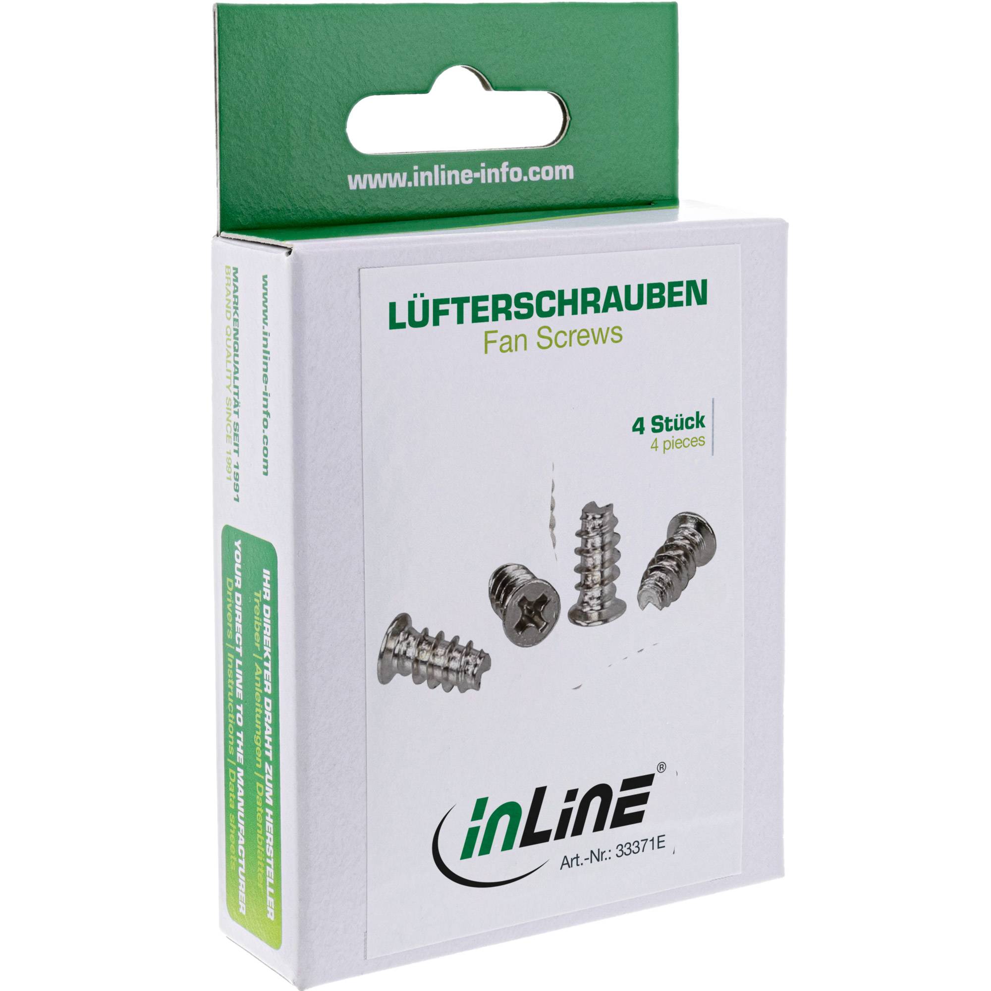 Paket mit 'LÜFTERSCHRAUBEN' Lüfterschrauben, 4 Stück, von inline, in einer weiß-grünen Schachtel.