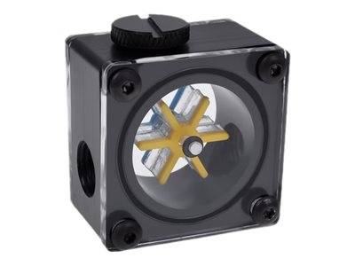 Schwarze quadratische mechanische Komponente mit einem zentralen klaren kreisförmigen Fenster, das einen gelben sternförmigen Rotor zeigt.