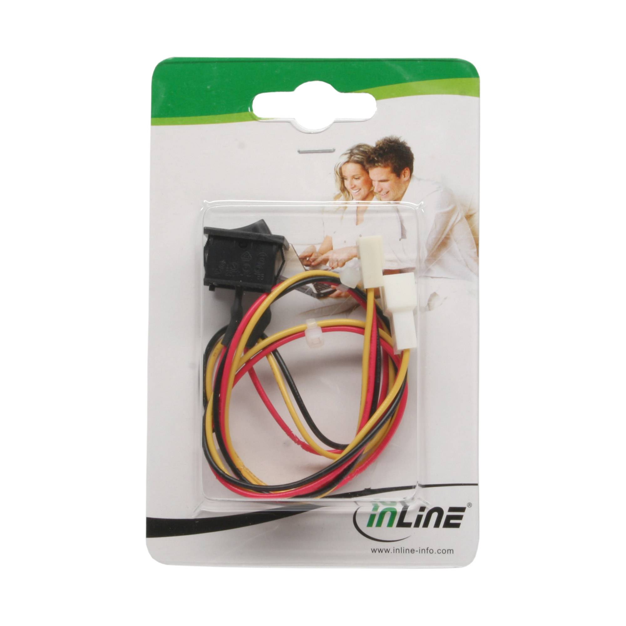 Verpackter Computer-Stromkabel-Adapter mit schwarzen, gelben, roten und weißen Drähten in einer Blisterverpackung mit inLine-Kennzeichnung.