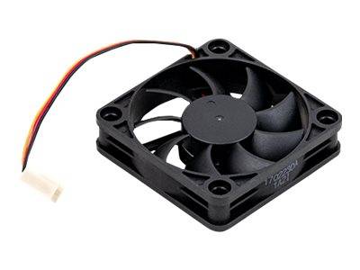 Ein quadratischer Kühlventilator mit schwarzen Rotorblättern und schwarzem Gehäuse, verbunden durch ein mehrfarbiges Kabel, das in einem weißen Stecker endet.
