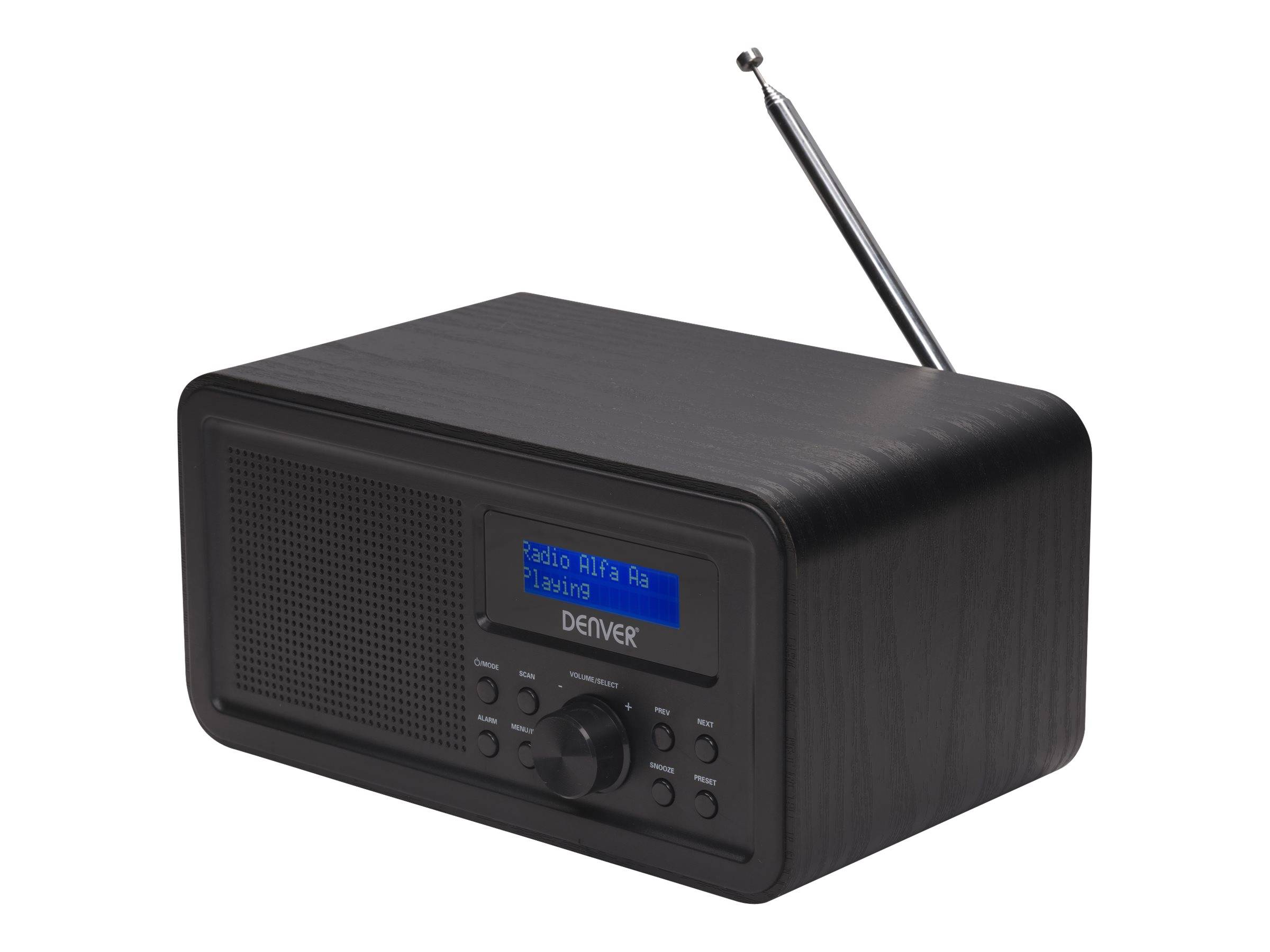 Schwarzes Denver Tischradio mit Antenne und blauem Digitaldisplay auf weißem Hintergrund.