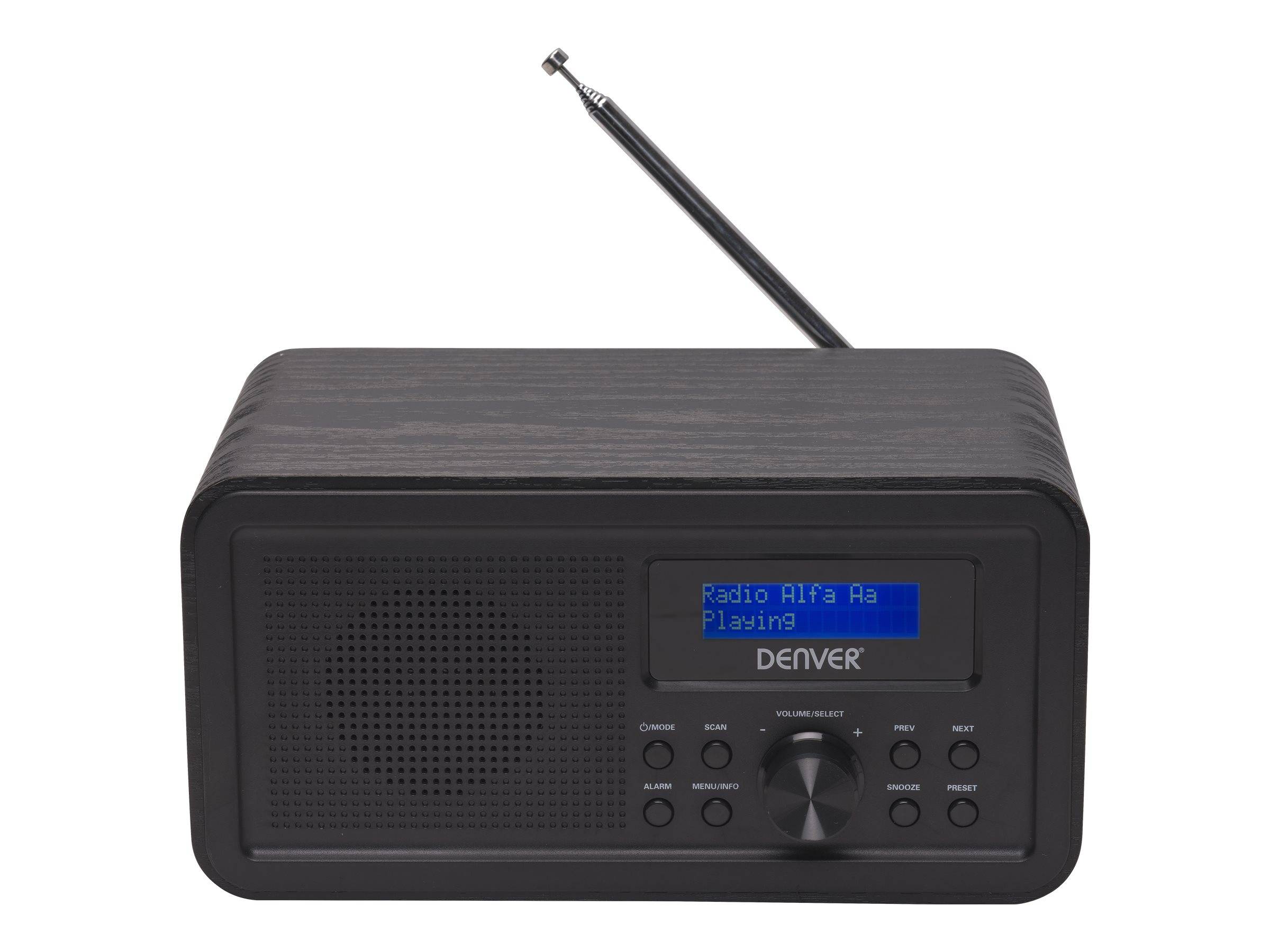 Tragbares schwarzes Radio mit ausfahrbarer Antenne, Lautsprechergitter, blauem Display und Abstimmreglern auf der Frontplatte.
