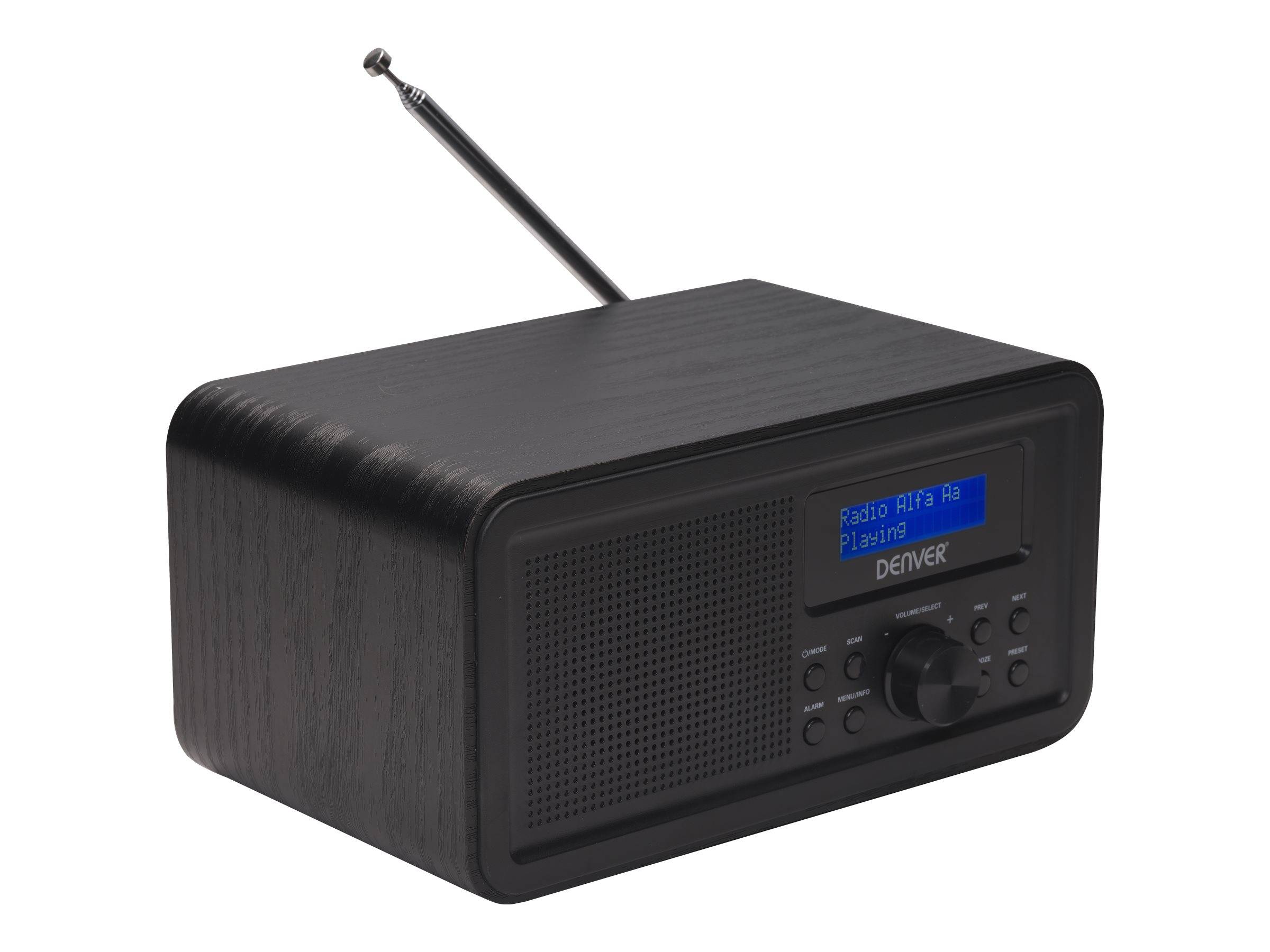 Schwarzes Tischradio mit Antenne und blauem Display, dargestellt auf weißem Hintergrund.