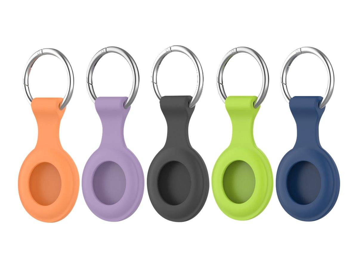 Fünf Silikon-Schlüsselanhänger-Schutzhüllen oder -Halter in Orange, Lila, Dunkelgrau, Limette und Blau, jeder mit einem silbernen Ring.