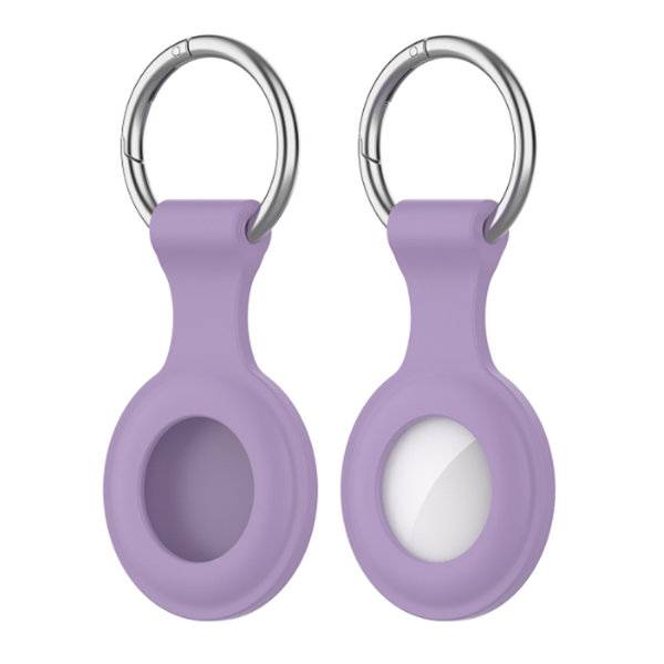 Zwei violette Silikonschlüsselanhänger mit Metallringen, nebeneinander angeordnet; einer offen, einer geschlossen über einem weißen Einsatz.