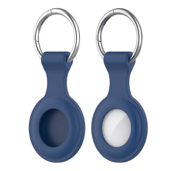 Zwei blaue Silikonschlüsselanhänger mit Metallringen, einer zeigt eine leere Öffnung und einer hat ein weißes rundes Element eingesetzt.
