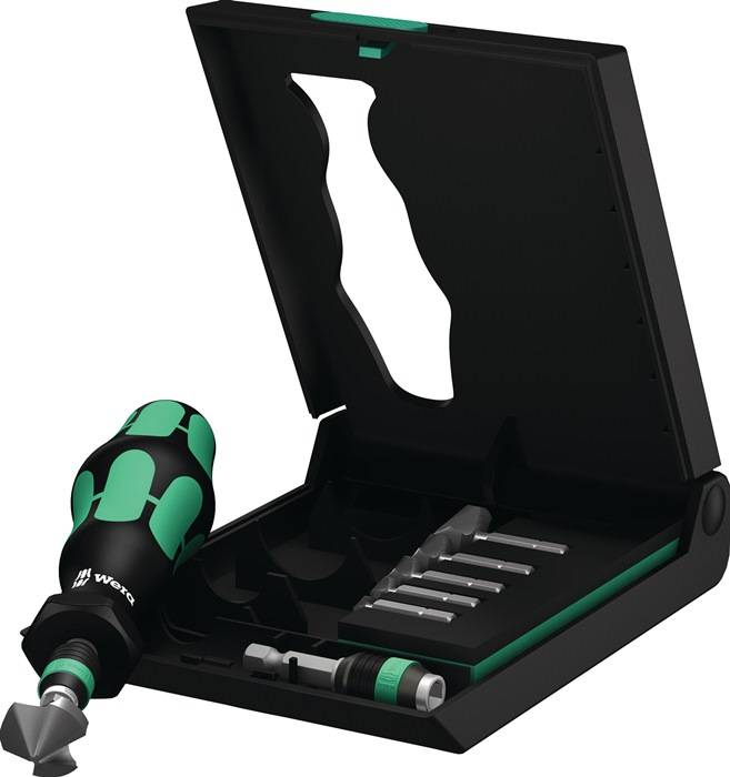 Ein Schraubendreher-Set mit grünem und schwarzem Griff und mehreren Bits in einem offenen schwarzen Etui.