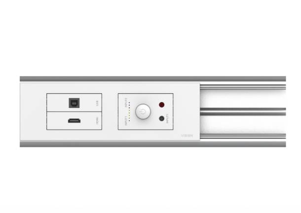 Draufsicht einer weißen linearen Beleuchtungsschiene mit einem Stromversorgungs-/Datenmodul und einem Kontrolldrehschalter, mit Montagehardware für verstellbare Deckenleuchten.