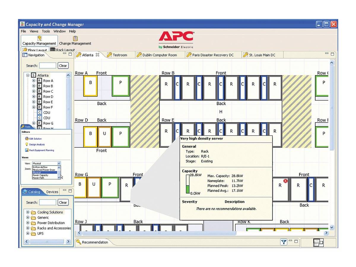 APC Kapazitäts- und Change Manager-Dashboard mit einer Rechenzentrum-Grundrissdarstellung mit Rackreihen, farbcodierten Kapazitätsindikatoren und einer Pop-up-Warnung für einen Server mit sehr hoher Dichte.