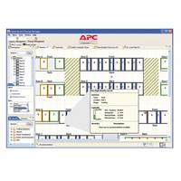 APC-Überwachungs-Dashboard mit einem Datacenter-Rack-Layout mit farbcodierter Ausrüstungsstatus und einem Popup-Fenster mit Gerätedetails.