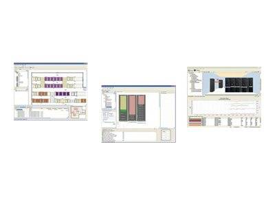 Drei kleine Screenshots der Softwareoberfläche, die verschiedene Dashboard-/Layout-Ansichten zeigen, einschließlich grundrissähnlicher Panels, balkenförmiger Diagramme und einer 3D-Raum-/Geräteansicht.