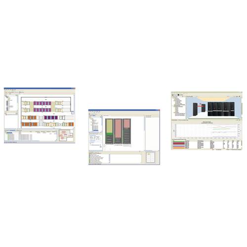 Drei Softwarefenster zeigen Designs für Rechenzentrumsgestelle und Serverlayouts, einschließlich Schrankdiagramme und Leistungsgraphen.