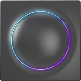Ein leuchtendes kreisförmiges Neon-Ring-Symbol auf einem dunkelgrauen abgerundeten quadratischen Hintergrund.