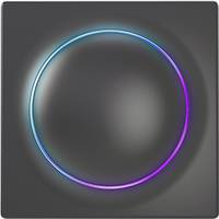 Dunkelgraues quadratisches Gerät mit einem großen kreisförmigen Steuerring, der blau und violett leuchtet und einer Touch-Scheibe oder einem leuchtenden Drehknopf ähnelt.