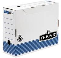 Weiße Karton-Archivierungsbox mit blauem gestreiftem Boden und Etikettierungsflächen, an der Vorderseite mit der Marke „R-KIVE