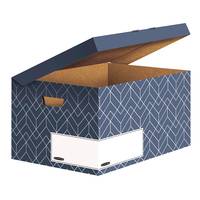 Blau gemusterte Aufbewahrungsbox mit aufgeklapptem Scharnierdeck el, zeigt eine weiße Frontschublade und seitlichen Griff.
