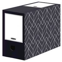 Schwarze Aufbewahrungsbox mit Muster, weißem Frontschild und Fingerzugöffnung.