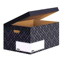 Offene gemusterte Aufbewahrungsbox mit Klappdeckel und vorderer Etikettenschlitz, dargestellt auf weißem Hintergrund.