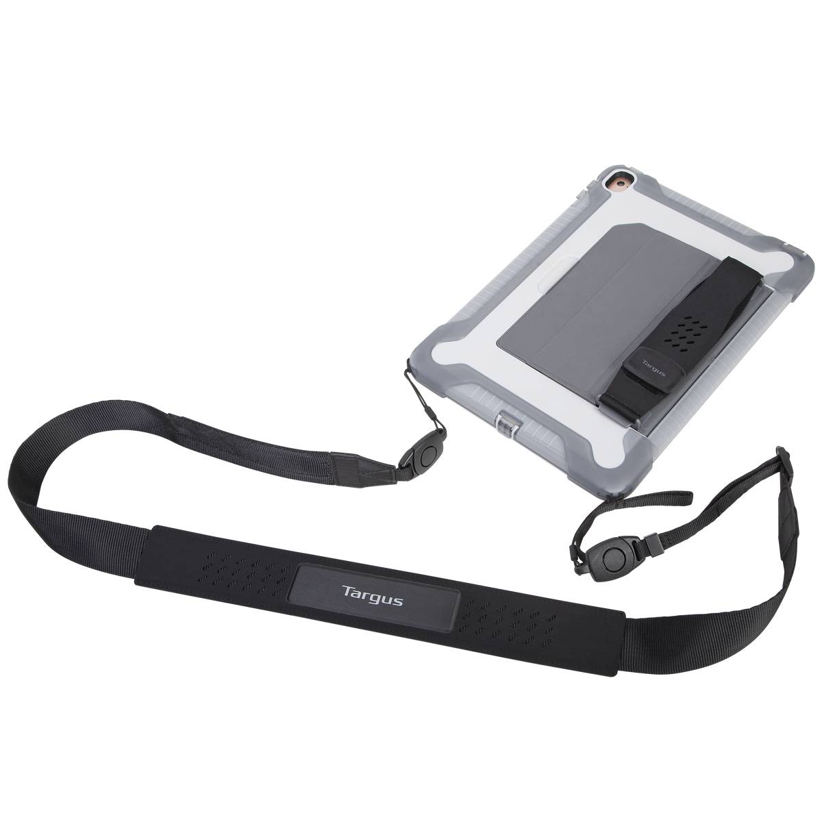 Ein robustes Tablet-Gehäuse mit angebrachtem Schultergurt, gezeigt mit ausgezogenem Gurt und einem gesicherten Tablet im Inneren.