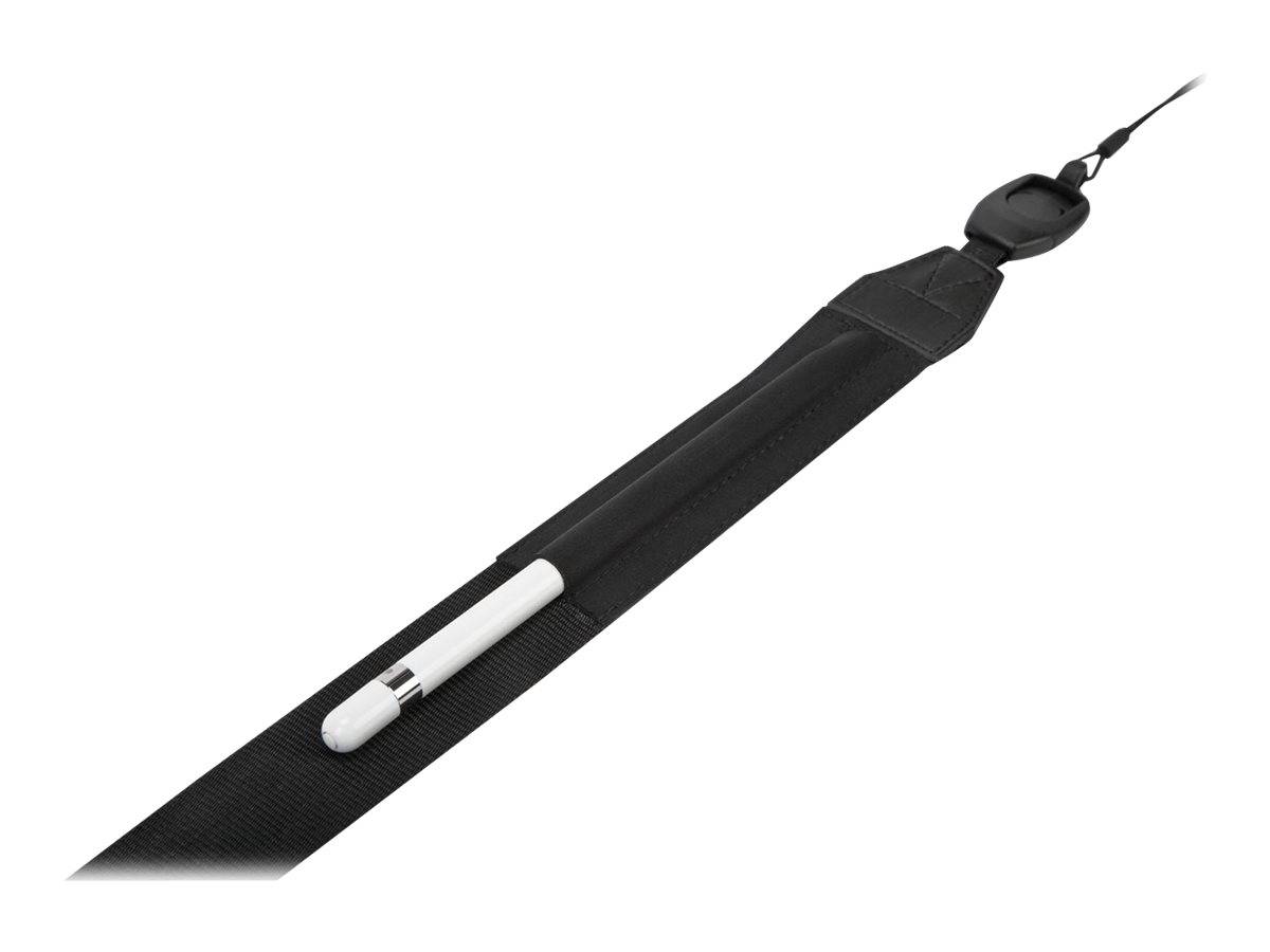 Schwarzer Schultergurt mit einem silbernen Stift oder einer silbernen Feder, gezeigt auf weißem Hintergrund.