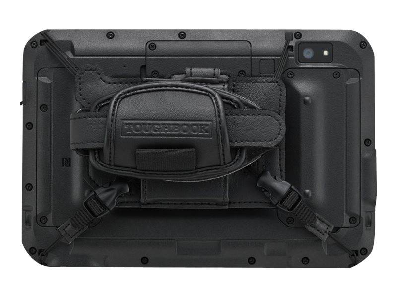 Rückseite eines robusten schwarzen Tablets mit einem zentralen TOUGHBOOK-Tragebeutel und Tragesystem angebracht, plus eine rückseitige Kamera oben rechts.