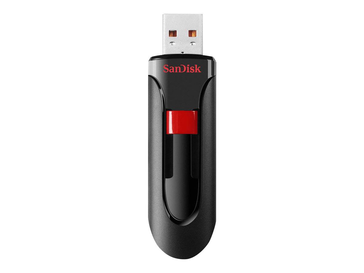 Schwarzes SanDisk USB-Speicherlaufwerk mit rotem Schiebeanschluss, Vorderansicht auf weißem Hintergrund.
