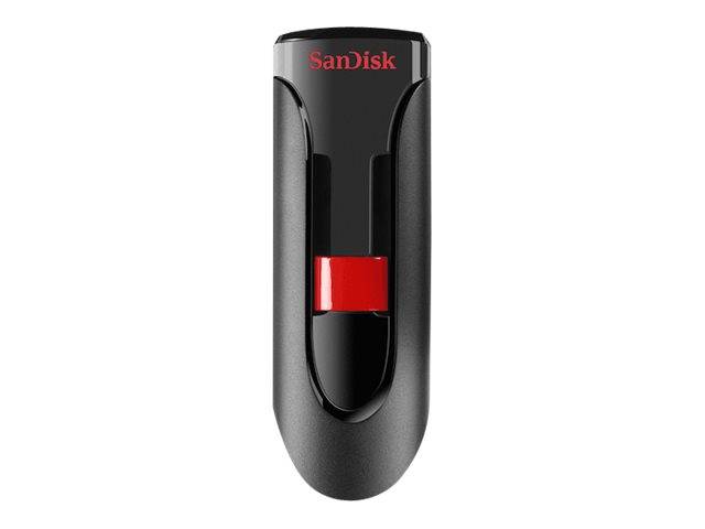 SanDisk USB-Stick mit schwarzem und grauem Schiebemechanismus und rotem Akzent, Vorderansicht auf weißem Hintergrund.