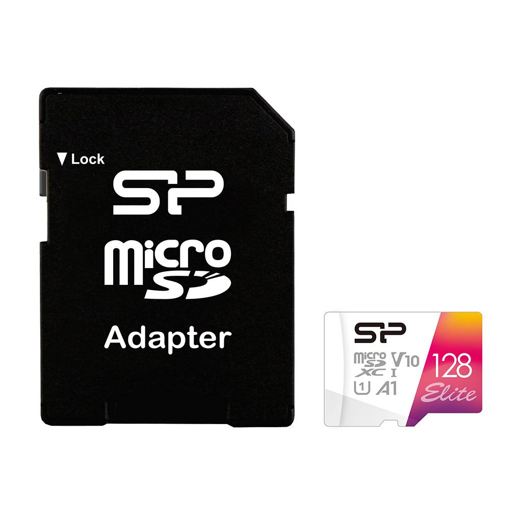 Eine microSD-Karte und ein SD-Adapter; der Adapter ist schwarz und mit „SP microSD Adapter