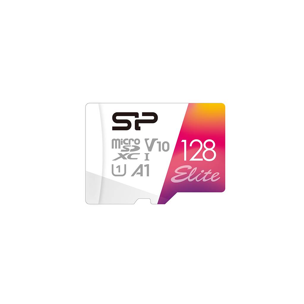 Silicon Power 128GB Elite microSD-Karte mit V10-, U1- und A1-Geschwindigkeitsbewertungen.