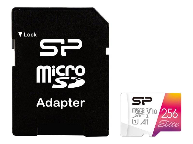 Micro-SD-Adapter und eine 256-GB-microSDXC-Speicherkarte mit den Bezeichnungen „SP