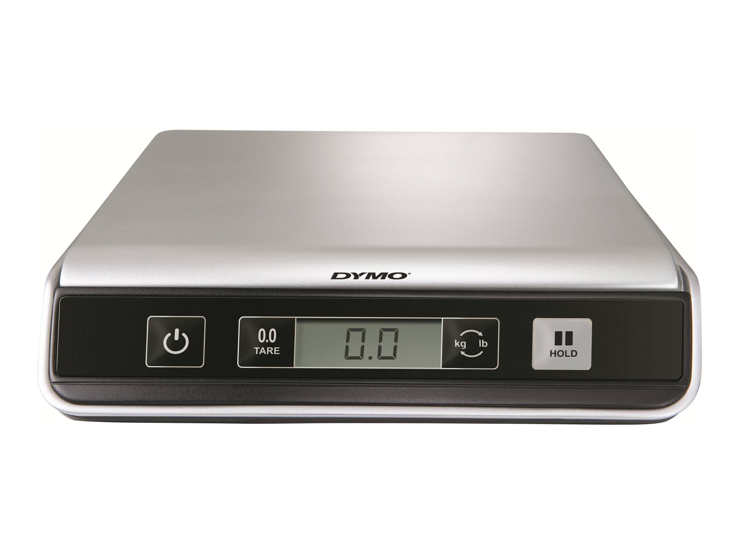 Silberne DYMO digitale Versandwaage mit Display, Tariertaste, Einheitsschalter und Haltetaste auf der Frontplatte.
