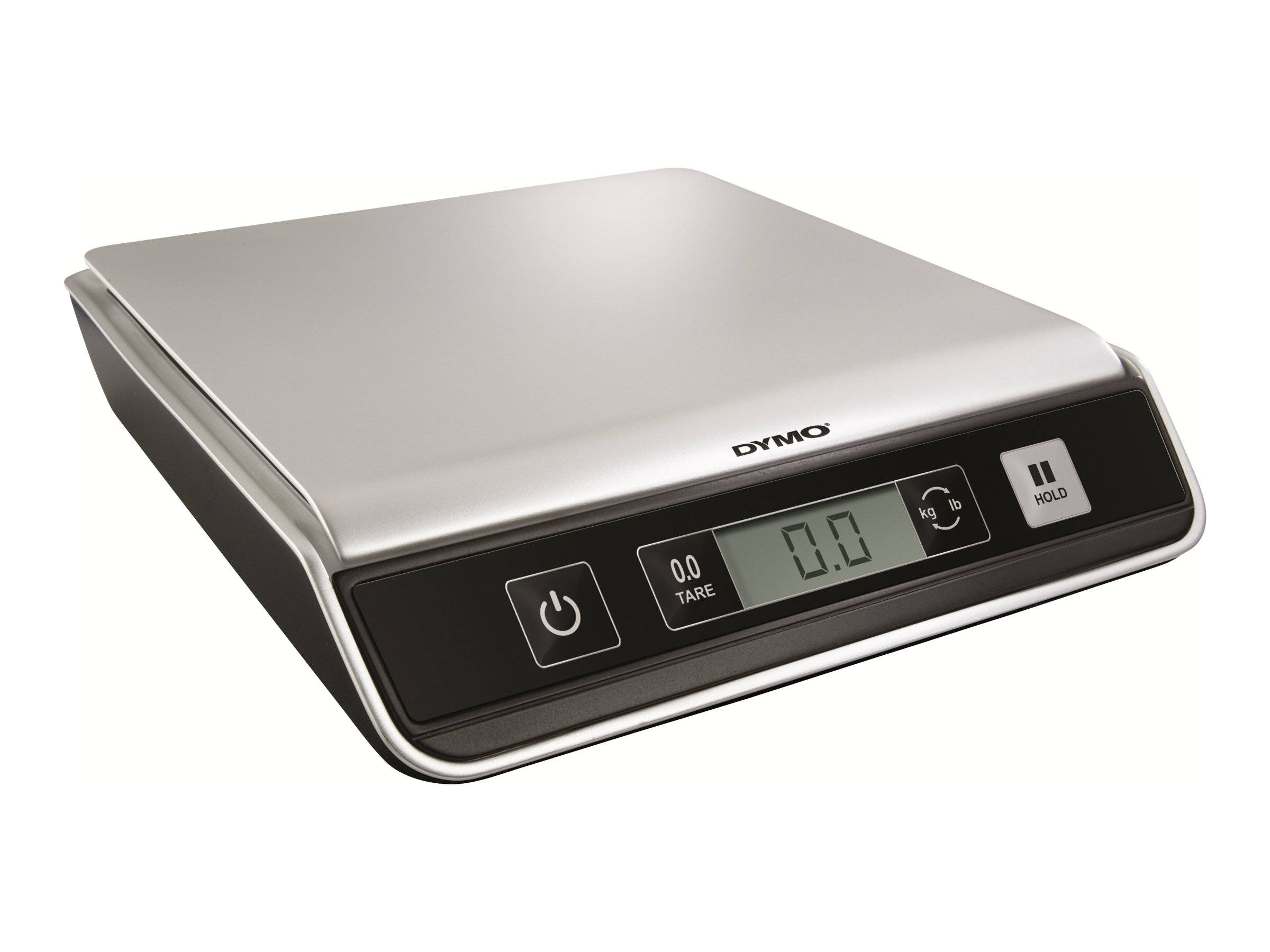 Digitale Küchenwaage mit Edelstahlplattform, Dymo-Logo und frontalem LCD-Display mit Tara- und Hold-Tasten.