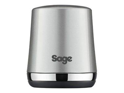 Ein zylindrisches, metallisches Gerät mit "Sage""-Logo auf der Vorderseite, mit einem eleganten, modernen Design und einer glänzenden Basis.