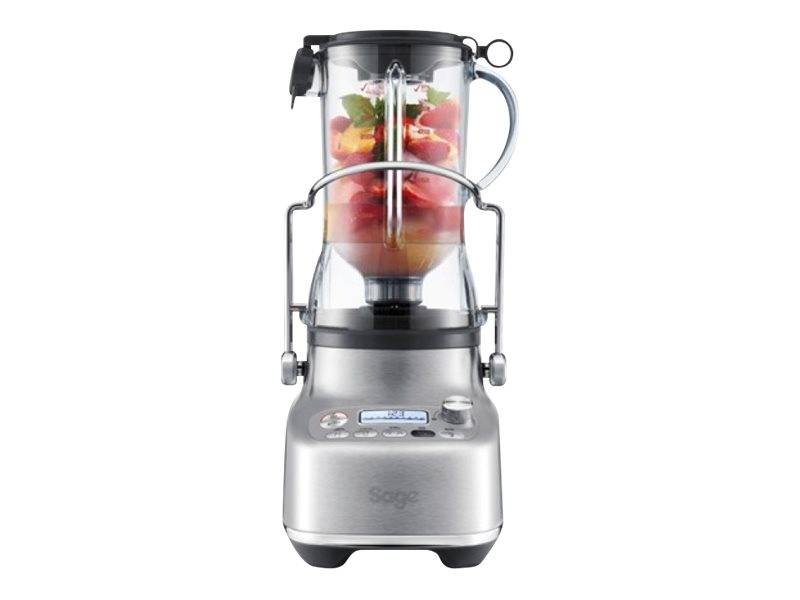 Ein Edelstahl-Mixer mit einem durchsichtigen Behälter, der Früchte enthält. Die Basis verfügt über Tasten und ein digitales Display. An der Seite befindet sich ein Griff.