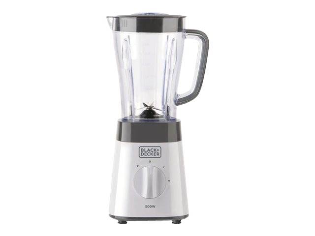 Black+Decker Küchenblender mit durchsichtigem Behälter und silberfarbener Basis auf weißem Hintergrund.