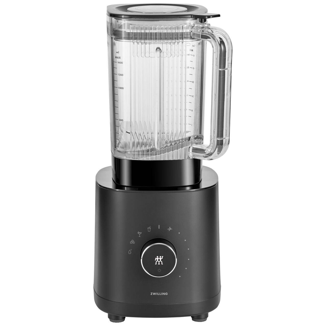 Ein Tischblender mit einem durchsichtigen Behälter auf schwarzer Basis und zentralem Steuerrad, abgebildet auf weißem Hintergrund.