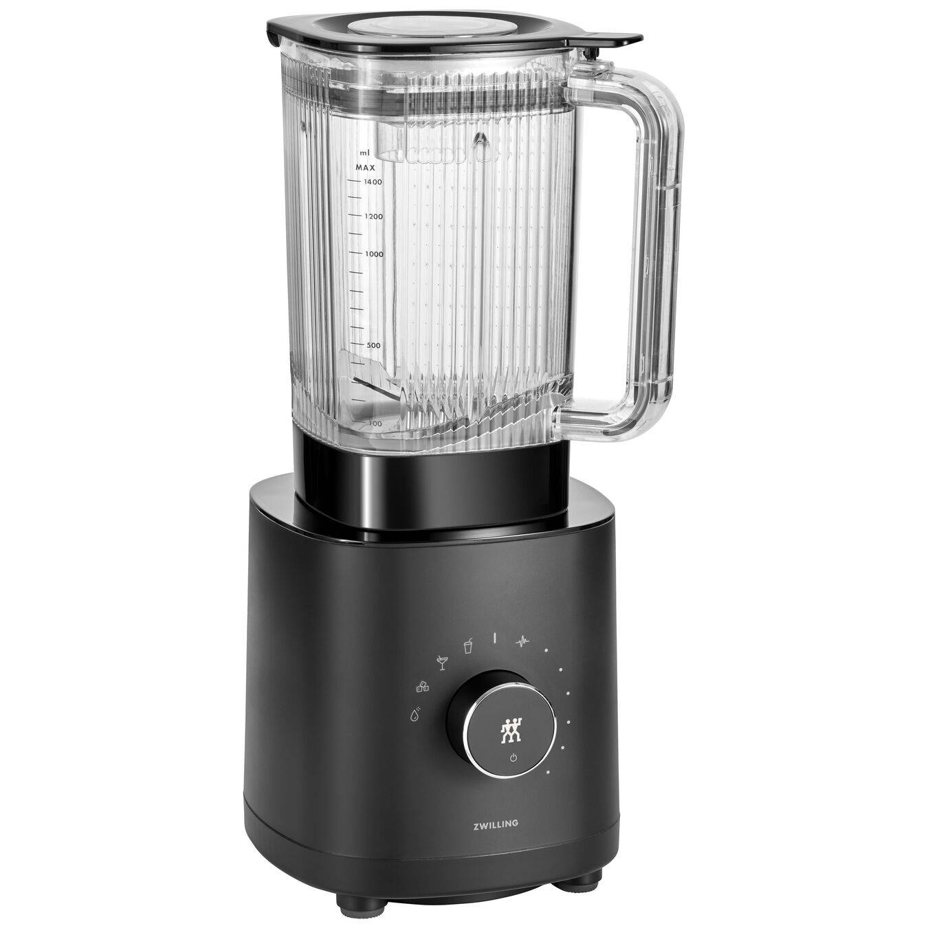 Ein schwarzer Standmixer mit durchsichtigem Behälter und Deckel, von vorne auf weißem Hintergrund abgebildet.