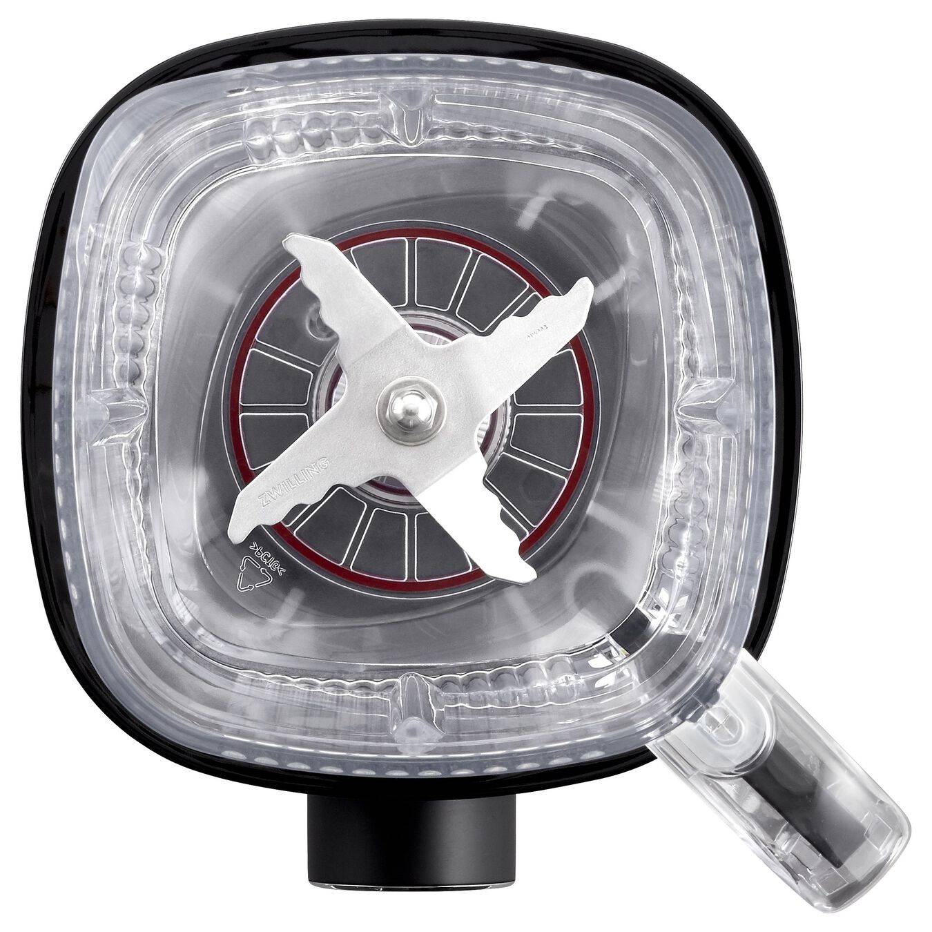 Transparenter Mixerkrug mit Deckel, zentraler Vier-Blatt-Spindel und abnehmbarem Ausgießer, von oben auf weißem Hintergrund gezeigt.