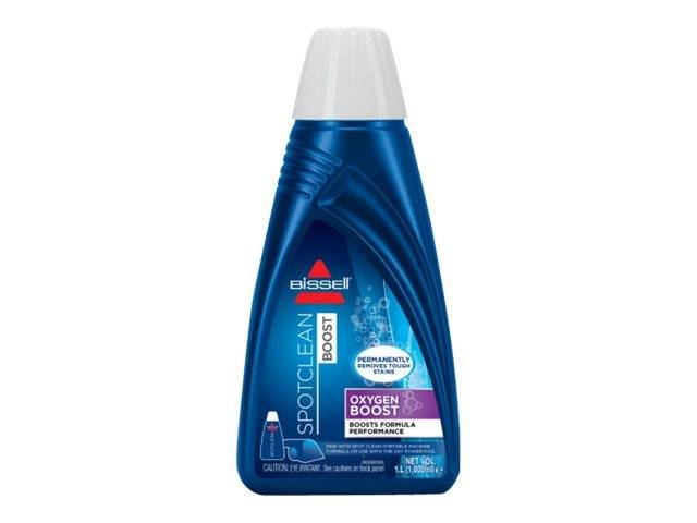Blaue Bissell SpotClean Oxy Boost Teppichreiniger-Flasche mit weißer Kappe, beschriftet mit „OXYGEN BOOST