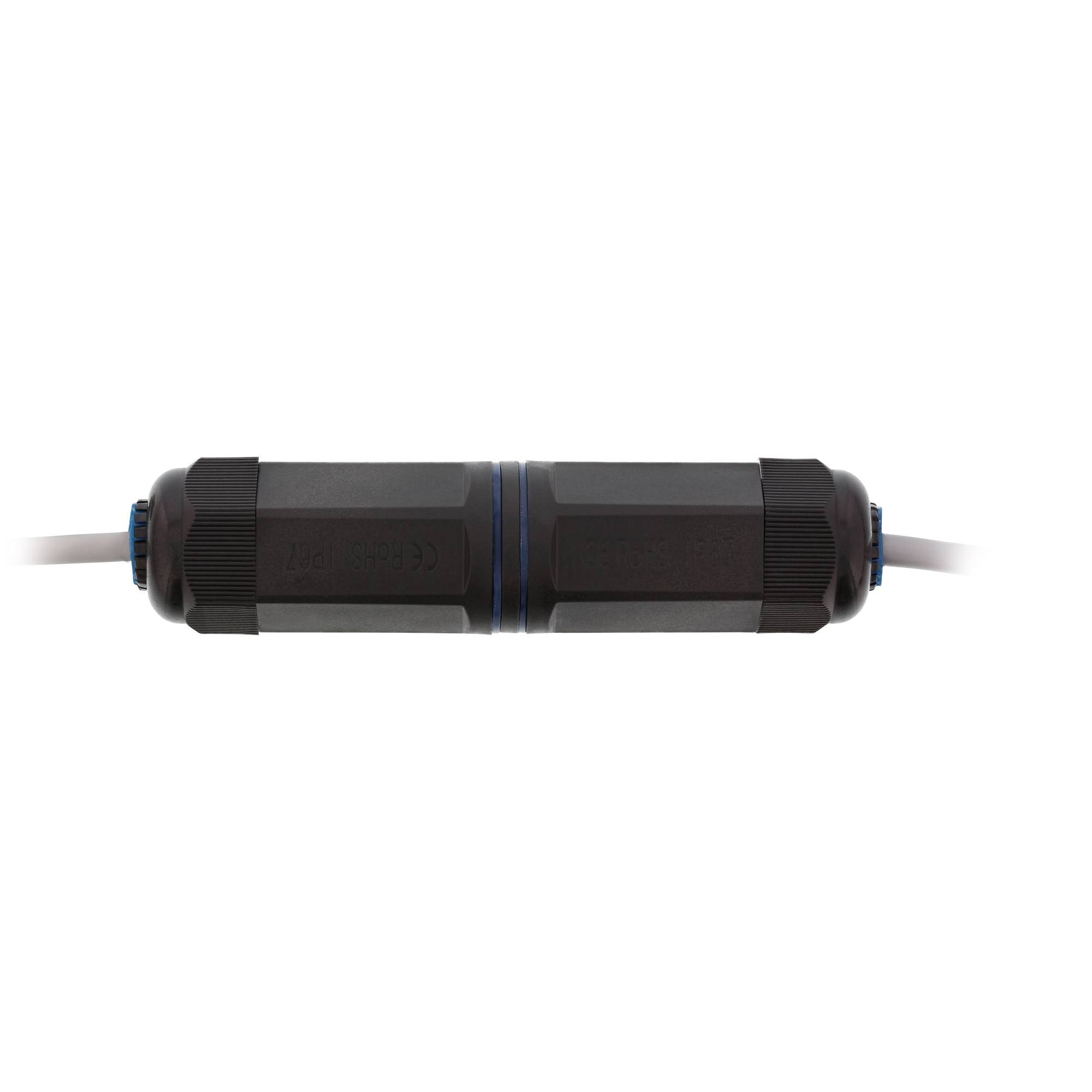 Ein schwarzer zylindrischer Inline-Steckverbinder verbindet zwei graue Kabel auf weißem Hintergrund.