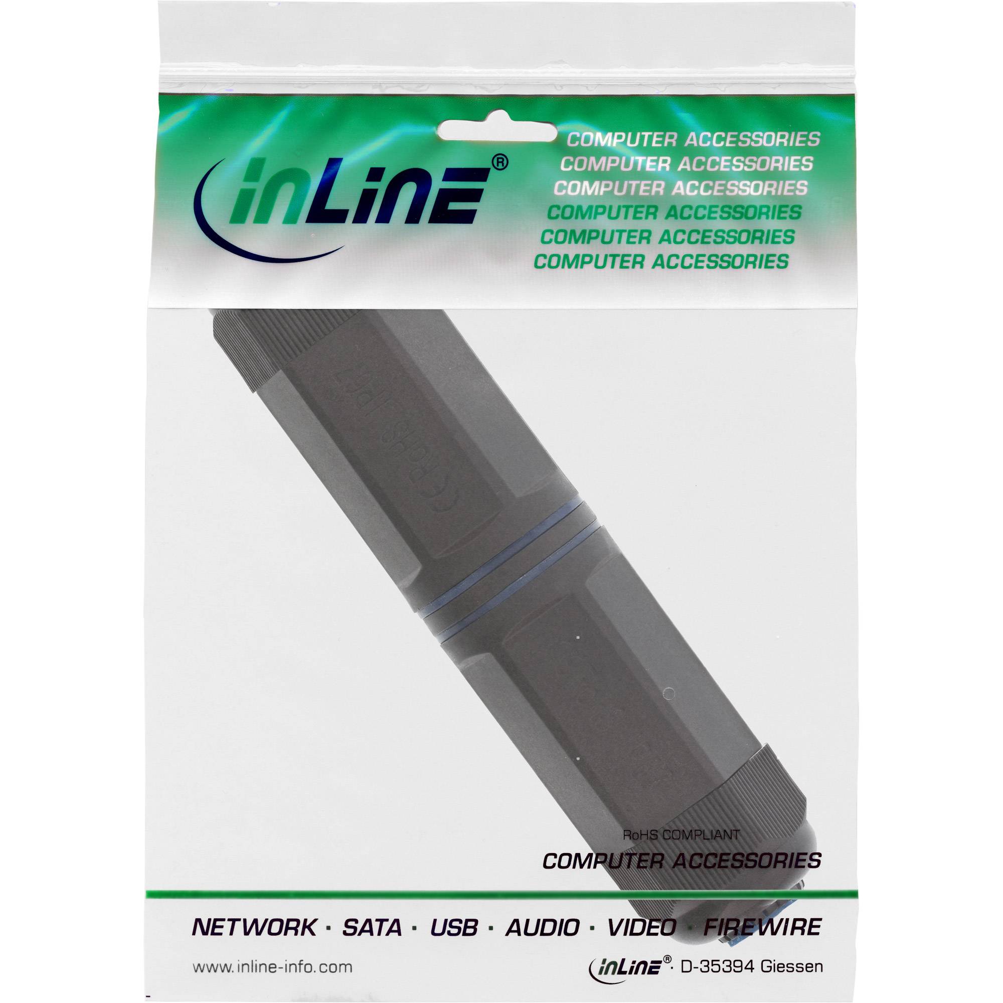 Verpacktes InLine-Computerzubehör: ein schwarzer Inline-Stecker oder Kuppler für Netzwerk-, SATA-, USB-, Audio-, Video- und FireWire-Kabel.