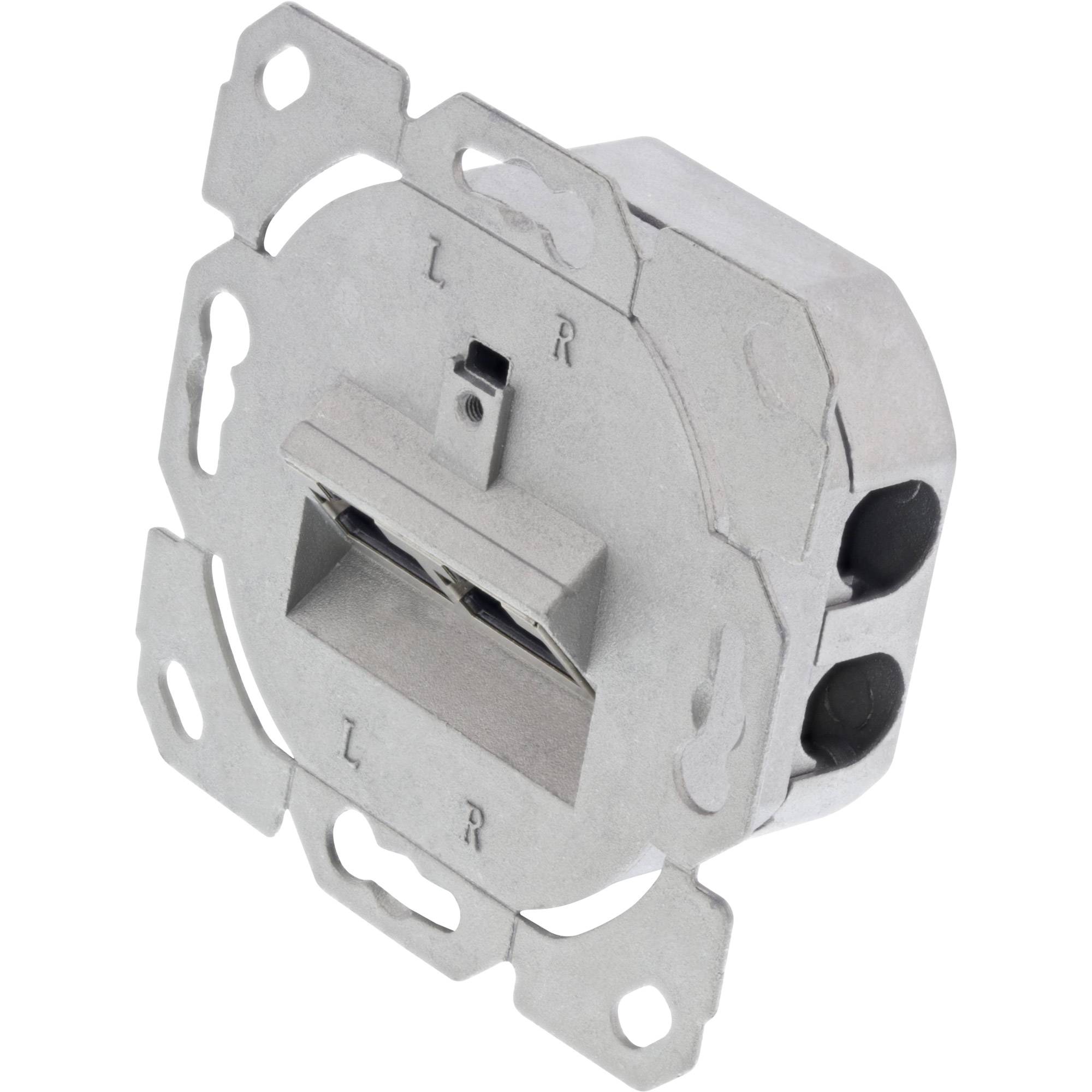 Metall-Wandschalter oder Dimmermechanismus mit Montageplatte, dargestellt in einer produktstilisierten isolierten Ansicht auf weißem Hintergrund.